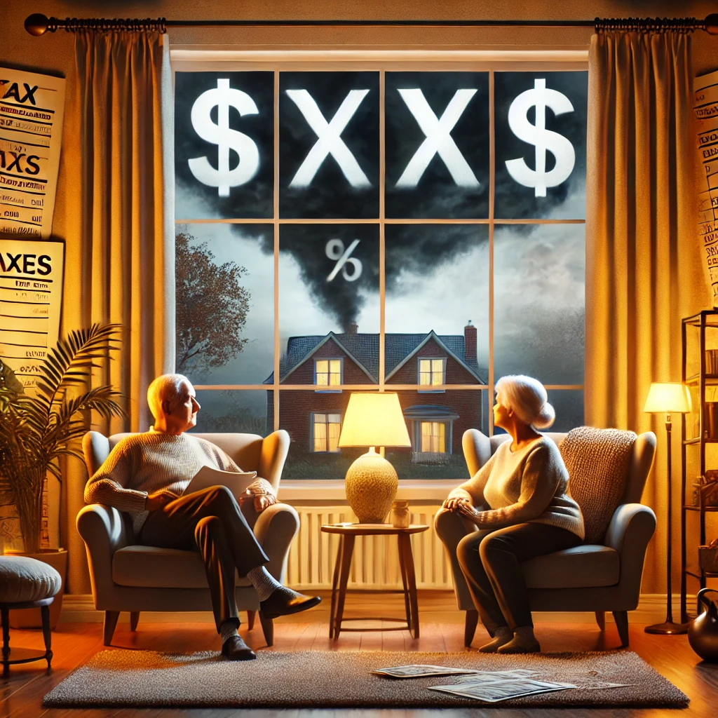 Cozy interior of a retired couple's home with dark storm clouds outside the window, illustrating hidden tax burdens in retirement through creeping tax forms and financial symbols in the room