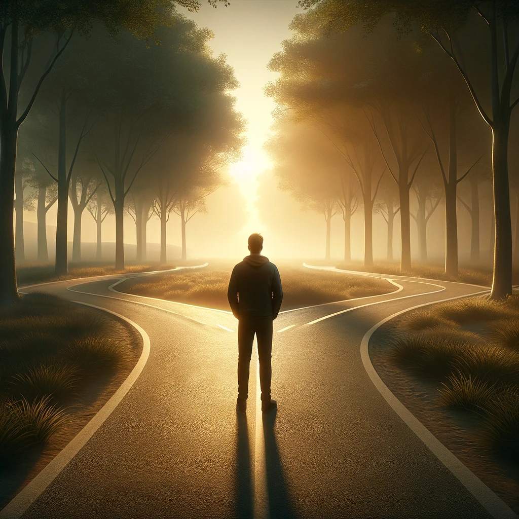 A person standing at a crossroads or fork in the road, symbolizing the decision-making process and the different paths one can take.